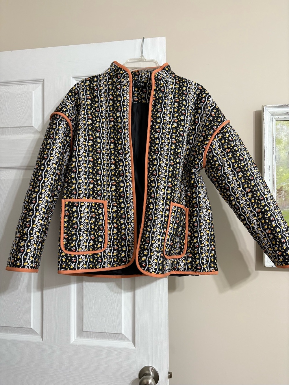 FATE Quilted Floral Jacket Women’s Small Black Coral Print Pockets